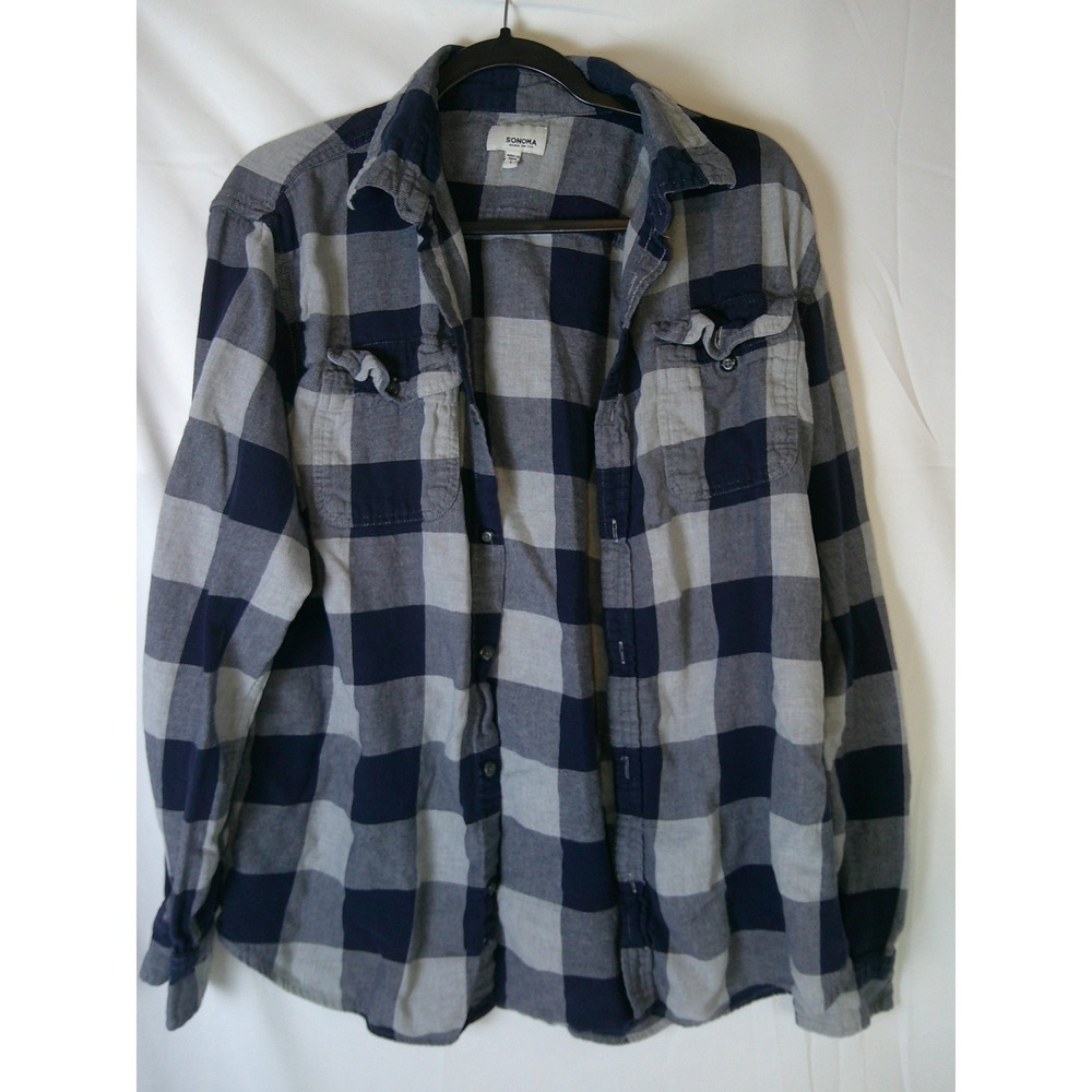 Sonoma Goods for Life Flannel Shirt‎ Men's Large Blue Gray Plaid Long Sleeve